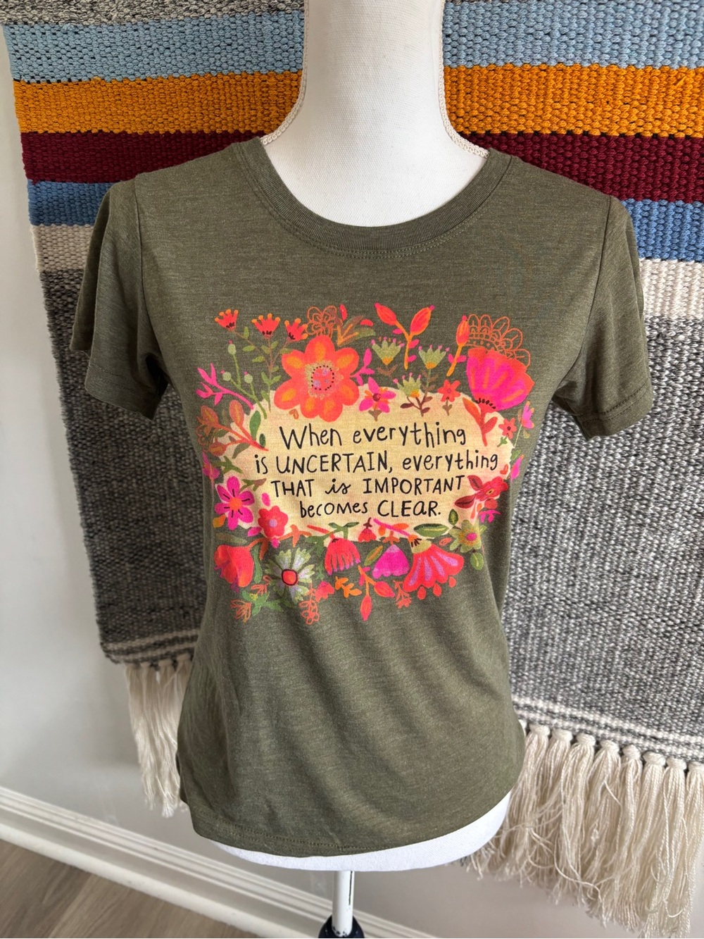 NATURAL LIFE Olive Green Floral Graphic Tee with Inspirational Quote